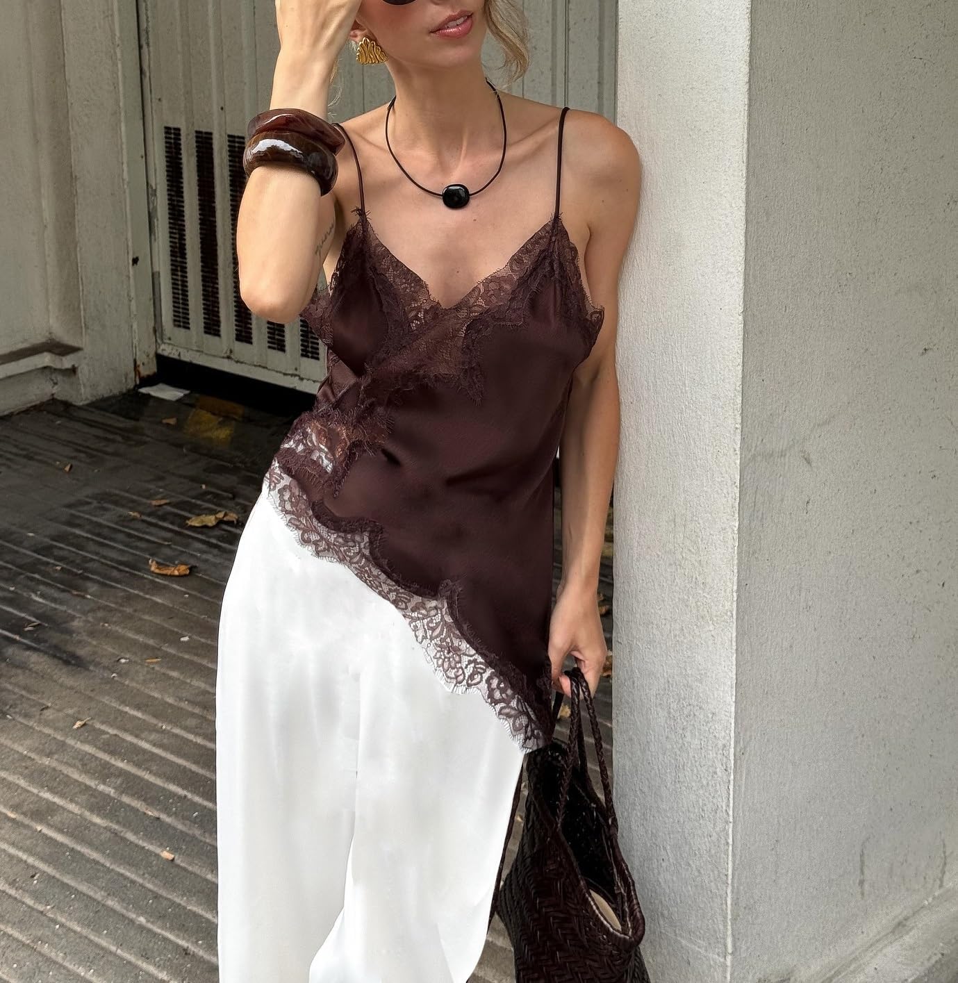 Silk Lace Trim Camisole Tops for Women Satin Asymmetrical Tank Top Backless Lace Patchwork Cami Going Out - Image 2