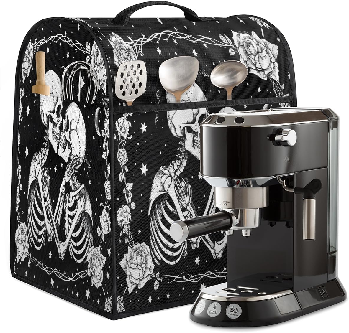 Kitchen Aid Mixer Cover Halloween Flower White Skull Stand Mixer Cover Compatible with 6-8 Quarts Stand Mixers, Dust Covers with Zipper Pocket Foldable Washable Kitchen Aid Organizer Bag