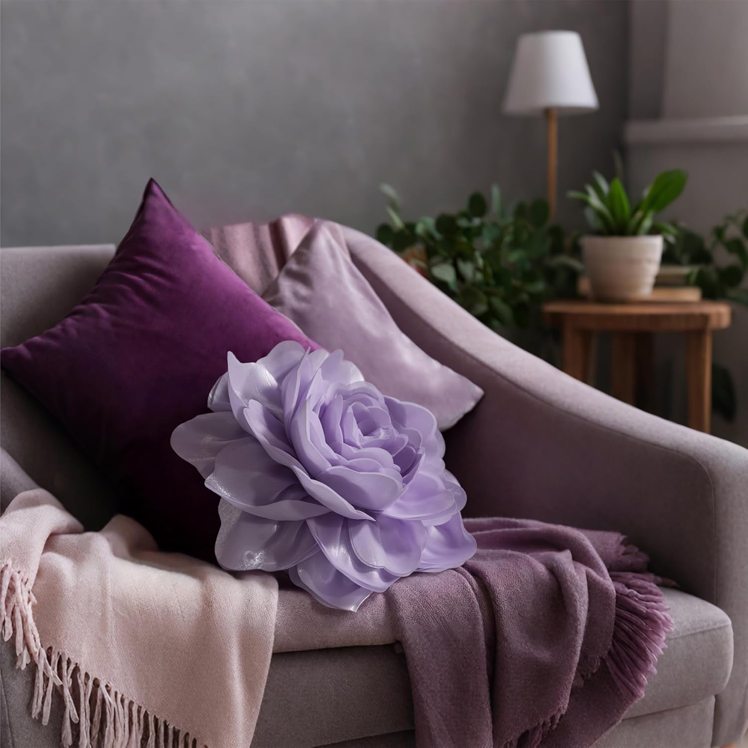 JWH 3D Flower Throw Pillow Covers Aesthetic Decorative Stereo Floral Accent Pillow Cases Round Cushion Rose Pillowcase for Bedroom Bed Couch Chair Car 12 Inch Lilac Purple - Image 3