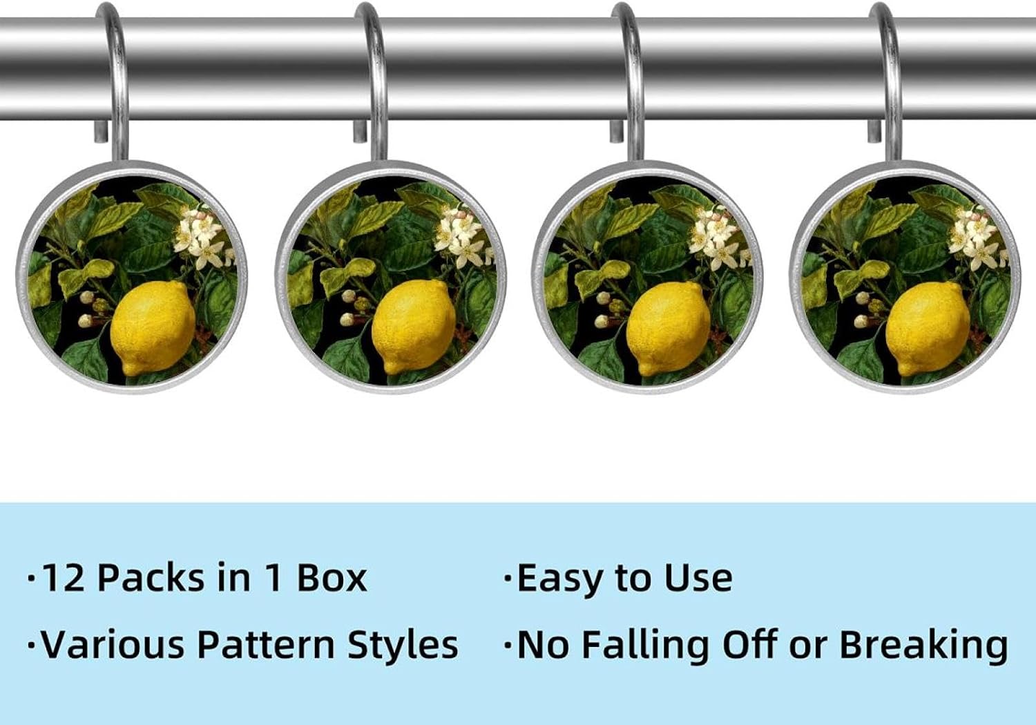 12PCS Lemon and Leaves Flower (3) Shower Curtain Hooks Rings for Bathroom, Decorative Shower Curtain Hooks Rods Curtains and Liner
