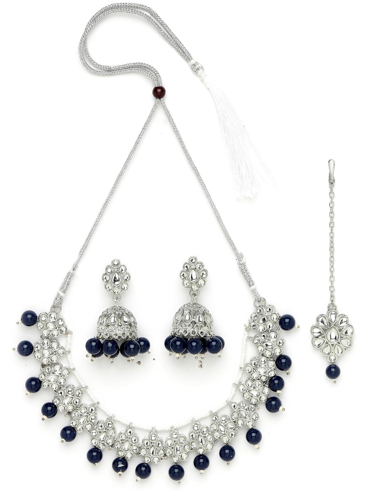 Sukkhi Youthful Floral Rhodium Plated Black AD White Stones & Beads Collar Bone Necklace Set With Earring And Maangtika | Jewellery Set For Women (NS105566) (B0CBBCBL34) Amazon Price History, Amazon Price Tracker