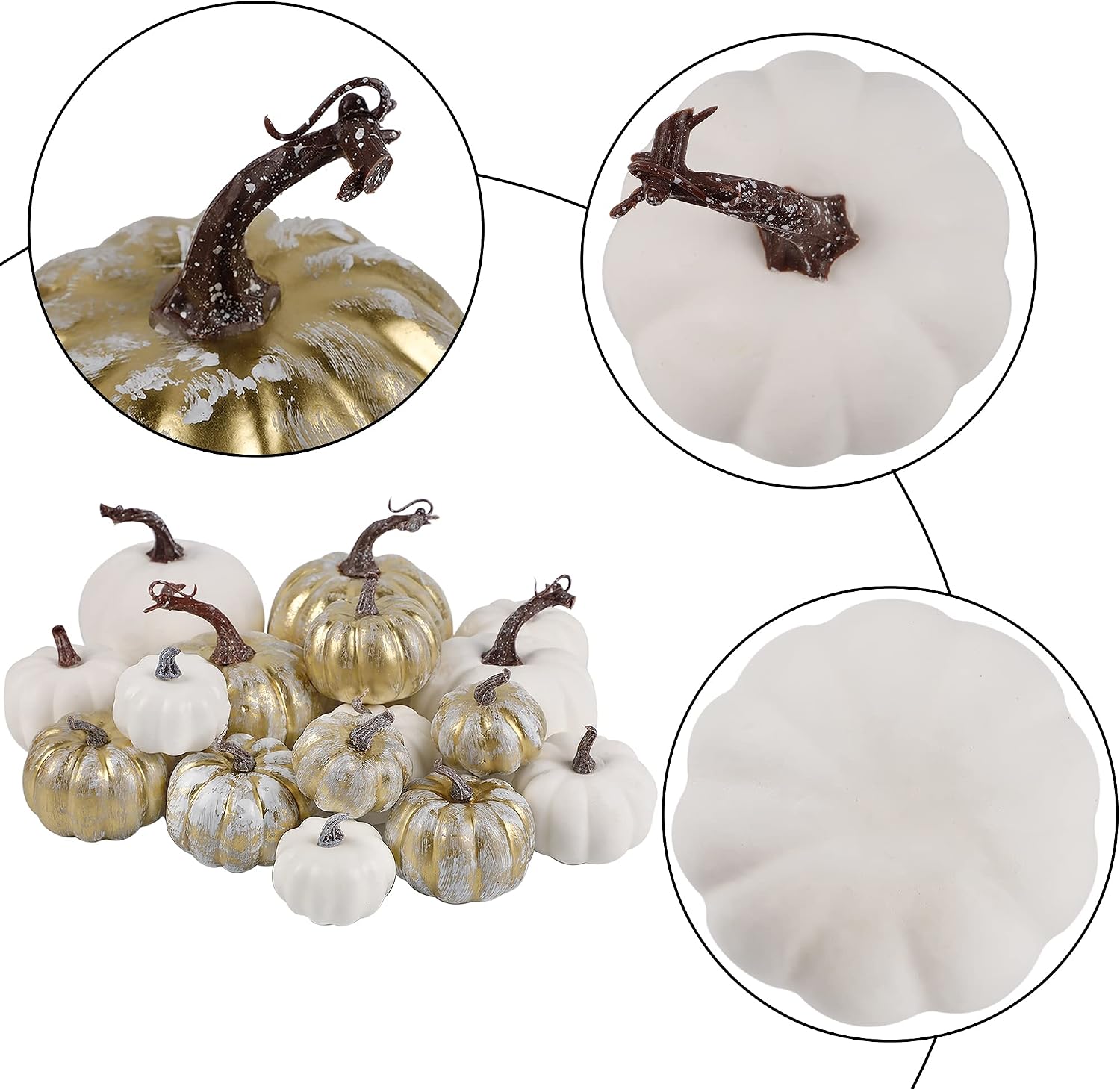 winemana Thanksgiving Artificial Pumpkins, 16 Pcs Rustic Foam Fall Autumn Decorations, White Golden Fake Pumpkins, Seasonal Tabletop Centerpieces for Home Indoor Outdoor