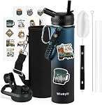 WixByti 64 oz Insulated Water Bottle with Straw (Cold for 48 Hrs), Half Gallon Stainless Steel Triple Wall Vacuum Sports Water Jug, Leakproof Hydro Cup Flask with Straw Spout Lids & DIY Stickers