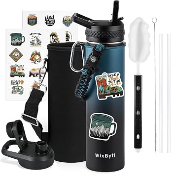WixByti 24 oz Insulated Water Bottle with Straw, Leakproof Cold for 24 Hrs | Stainless Steel Triple Wall Vacuum Sports Hydro Cup Flask with Paracord Handle & Straw Spout Lids & DIY Stickers