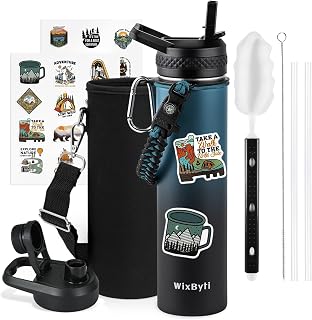 WixByti 24 oz Insulated Water Bottle with Straw, Stainless Steel Water Jug | Cold for 24 Hrs, Triple Wall Vacuum, Leakproof & Non-BPA Sports Hydro Cup Flask with Straw Spout Lids & Paracord Handle