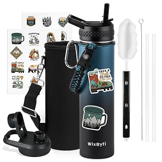 24 oz Insulated Water Bottle with Straw (Cold for 48 Hrs), Stainless Steel Triple Wall Vacuum Sports Water Jug, Leakproof Hydro Cup Flask with Paracord Handle & Straw Spout Lids & DIY Stickers - Amazon product rated Grade A
