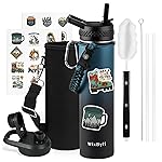 WixByti 24 oz Insulated Water Bottle with Straw (Cold for 48 Hrs), Stainless Steel Triple Wall Vacuum Sports Water Jug, Leakproof Hydro Cup Flask with Paracord Handle & Straw Spout Lids & DIY Stickers