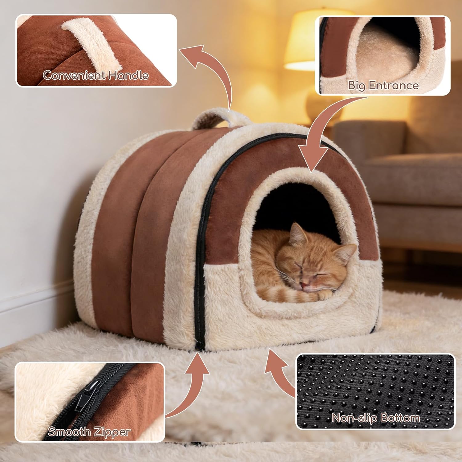 Hollypet Cat Bed Self-Warming 2 in 1 Foldable Kitty Cave Hut House Nest Pet Sleeping Bed, Crystal Velvet Pet Condo for Indoor Cats, Brown Arched Cave