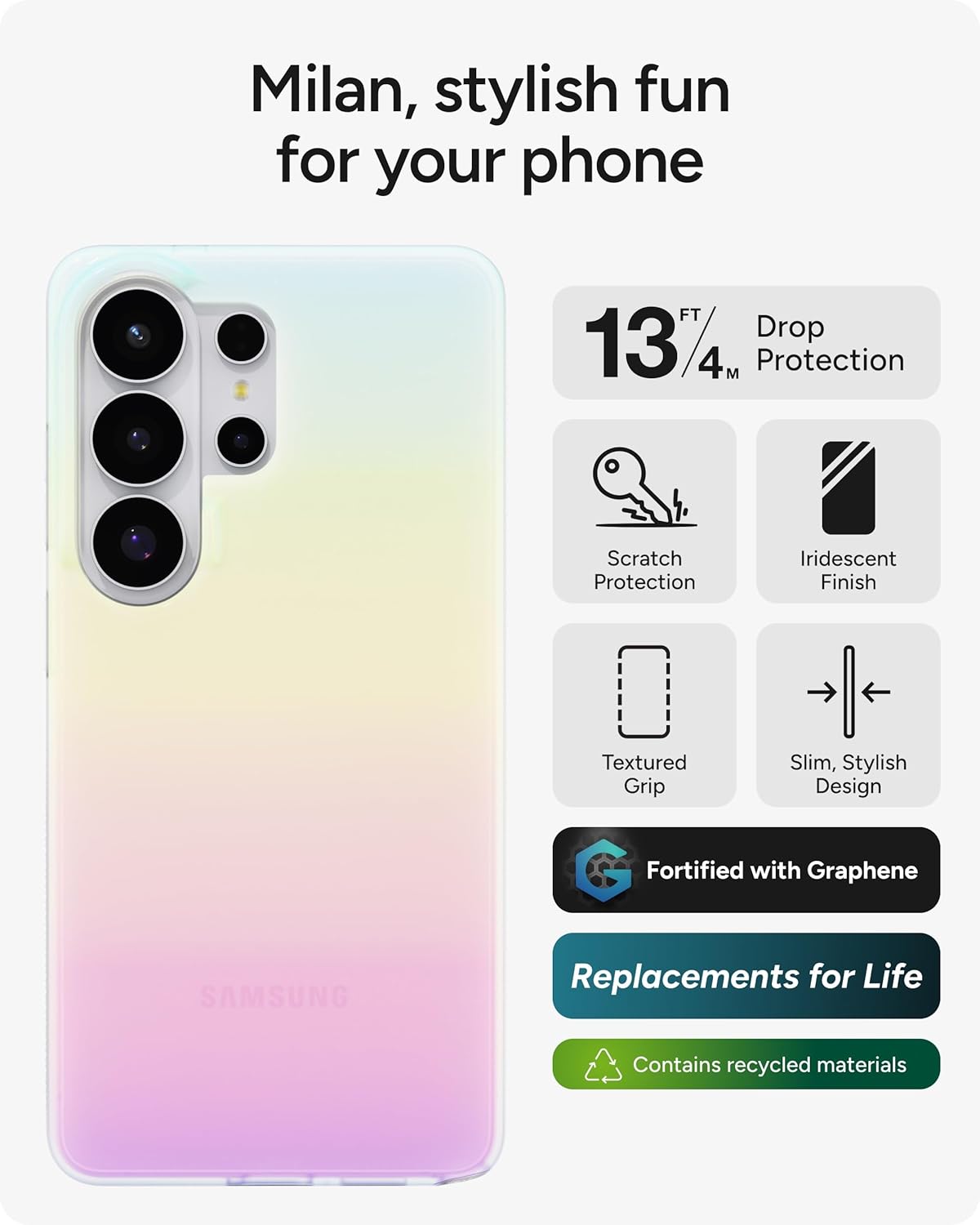 ZAGG Milan Samsung Galaxy S26 Ultra Case - Iridescent, Slim Protective Phone Cover, 13ft Drop Protection, Graphene Infused Durable Stylish Design, Impact Resistant Lightweight Case
