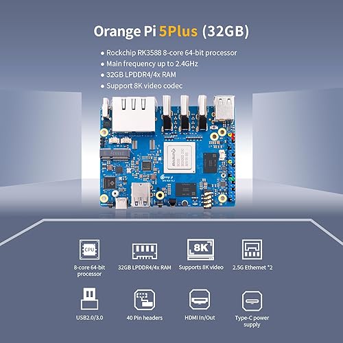 Vista 2 de Orange Pi 5 Plus 32 GB con 256 GB eMMC Rockchip RK3588 8 Core 64 Bit Single Board Computer, 2.4GHz Frecuencia WiFi Bluetooth Run Orange Pi