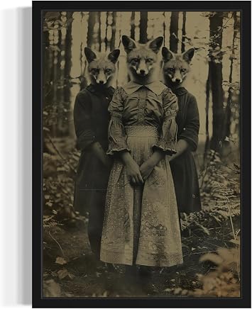 Fox Cult in the Forest Horror Wall Art Poster Print, Scary Spooky Haunted Poster Vintage Artwork Painting, Living Room and Bathroom Decor Gallery 86 Fox Cult in the Forest, 10"L x 8"W, Black Frame