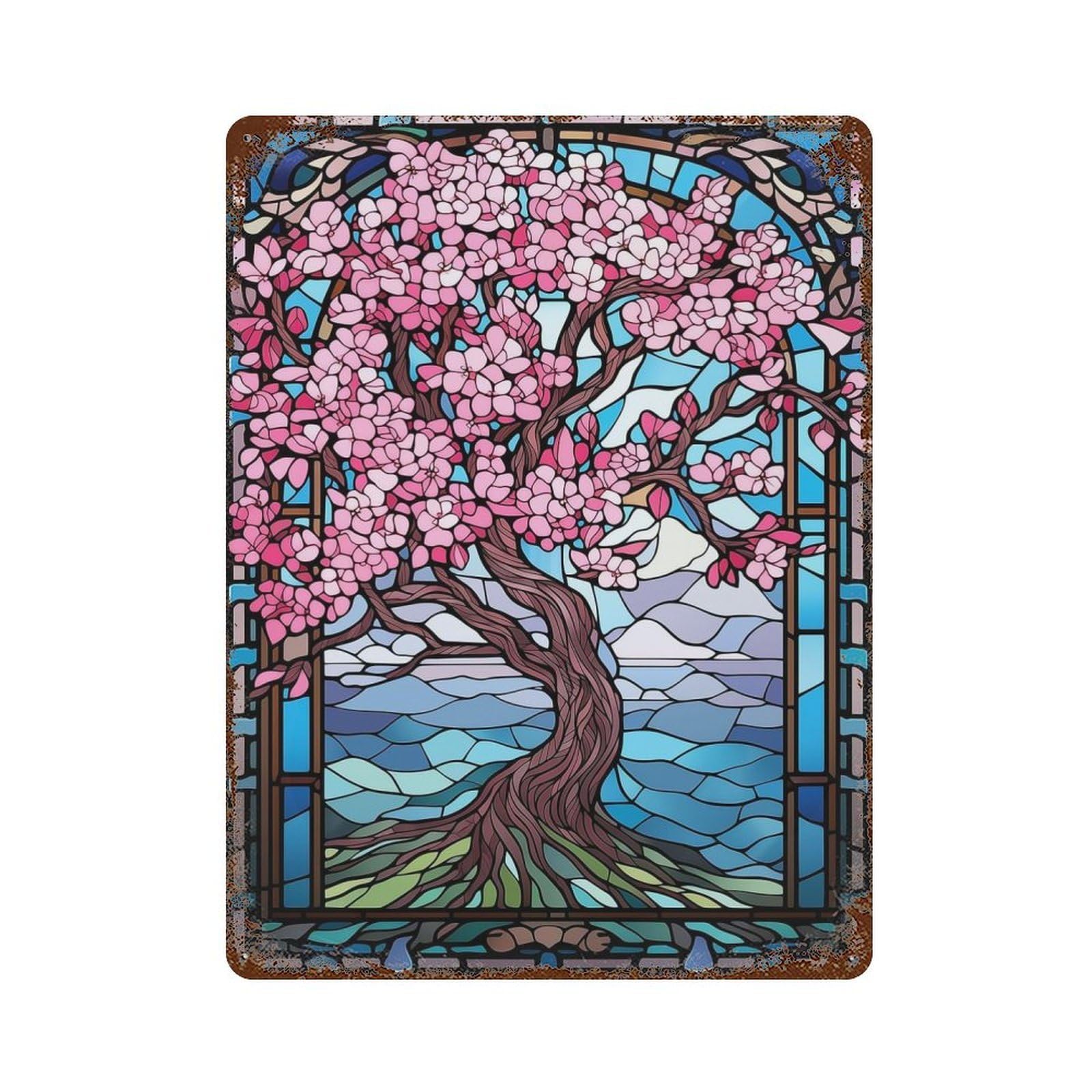 Japanese Sakura Bloom Art Vintage Wall Sign 15.7"x11.8", Rust Effect Metal Decor for Patio, Garden Room And Bar Decor