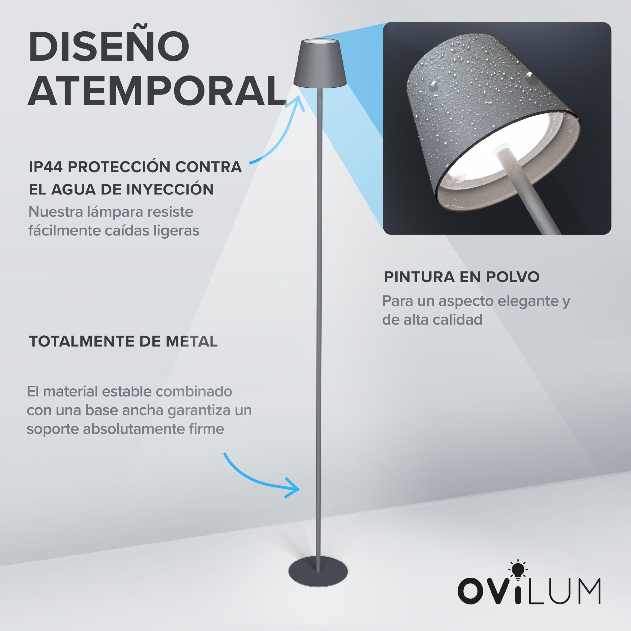 OVITEC ovilum Matar Lámpara de pie LED en aluminio antracita para interior y exterior inalámbrica Regulable | Blanco cálido/frío USB C recargable | Resistente al agua IP44 | Diseño moderno en gris.