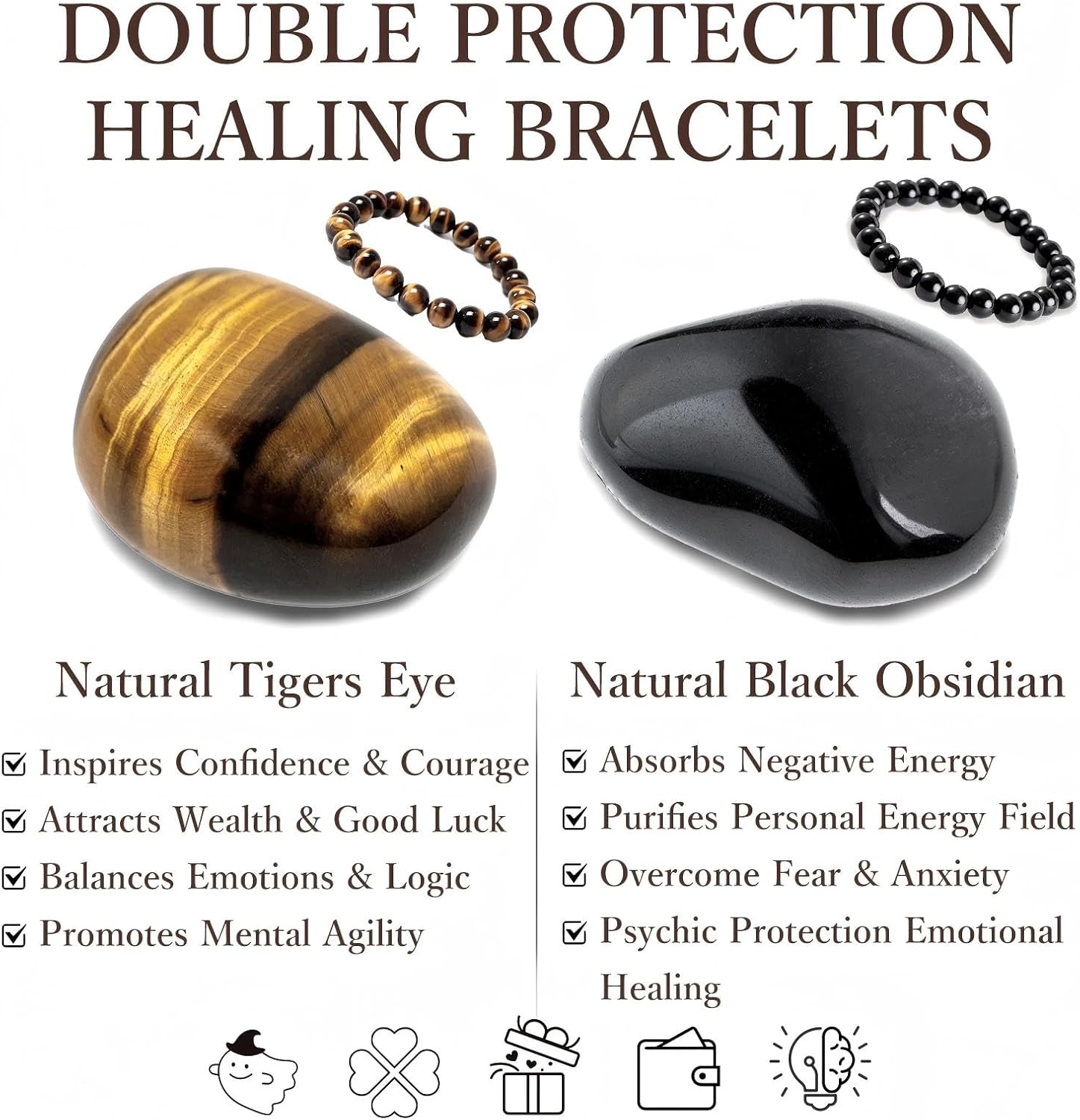 Beaded Bracelets for Men Women: 10MM & 12MM Protection Black Obsidian Bracelet Tigers Eye Bracelet 2PCS Natural Stone