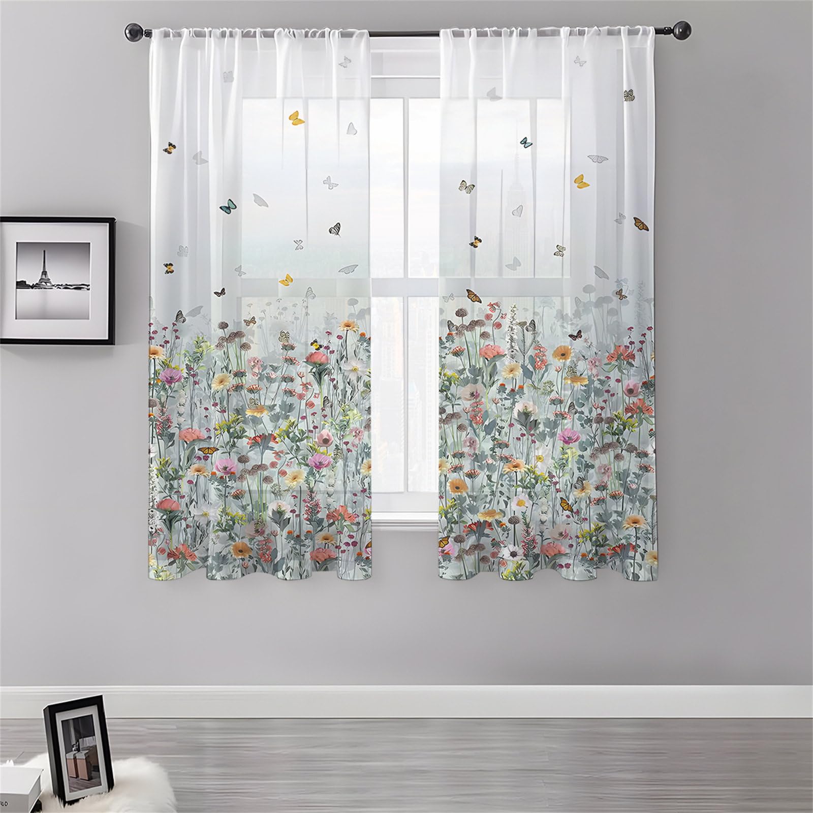 Surwin Net Curtains for Windows, Voile Curtain, 2 Panels Floral Plant Prints with Eyelets, Semi Transparent Lightweight Voile Panel for Living Room Bedroom Balcony Decorative (Butterflies,130x241cm)