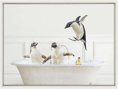 Miniatura 2 de Kate and Laurel Sylvie Penguins In Bubble Bath - Lienzo enmarcado de estilo neutro por Amy Peterson Art Studio, 18 x 24 pulgadas, adorable arte de