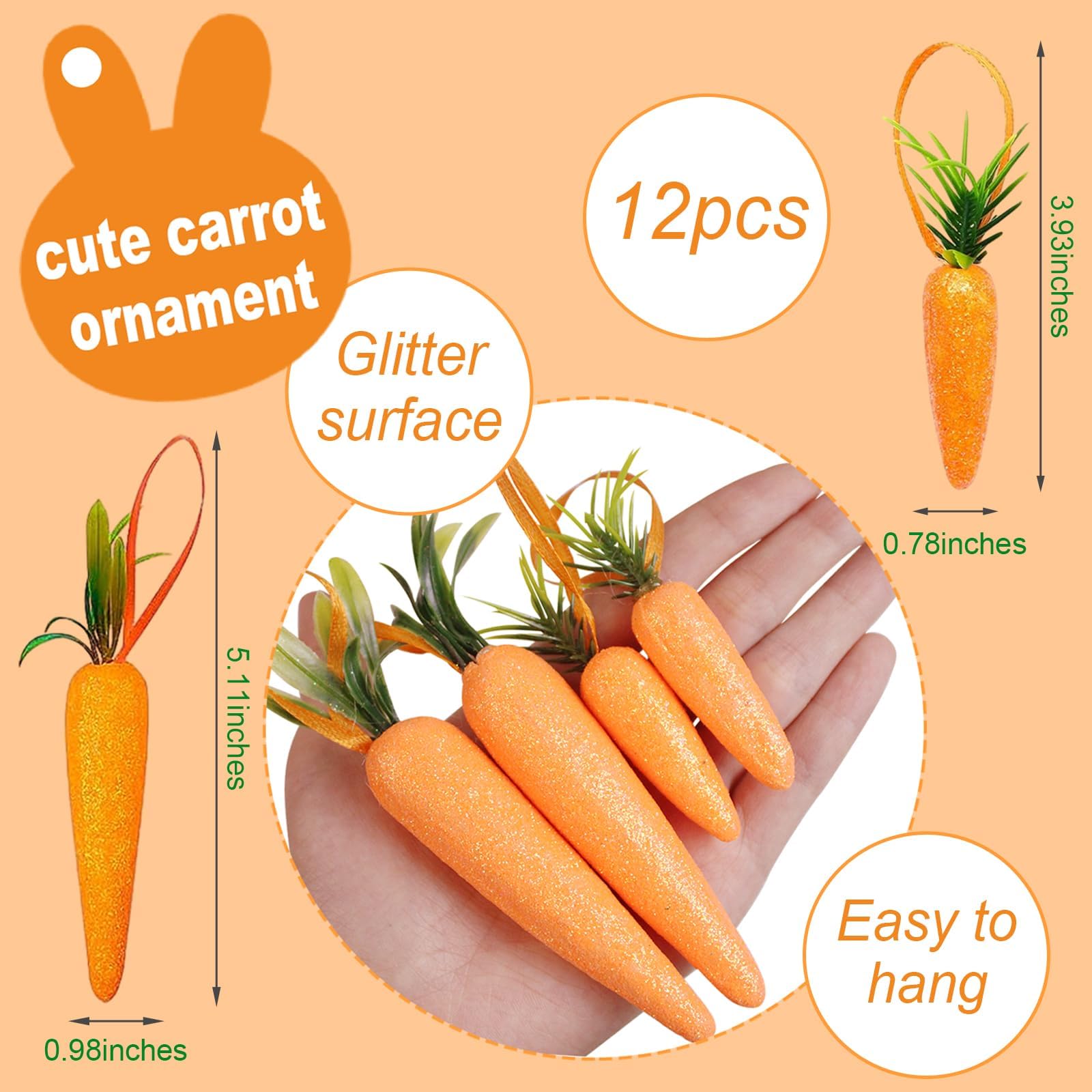 SHEHARUHI 12Pcs Easter Carrot Hanging Ornaments, 2 Sizes Premium Foam Glitter Artificial Carrots, DIY Carrots Crafts, Mini Fake Vegetables for Party Festivals Thanksgiving Harvest Decoration