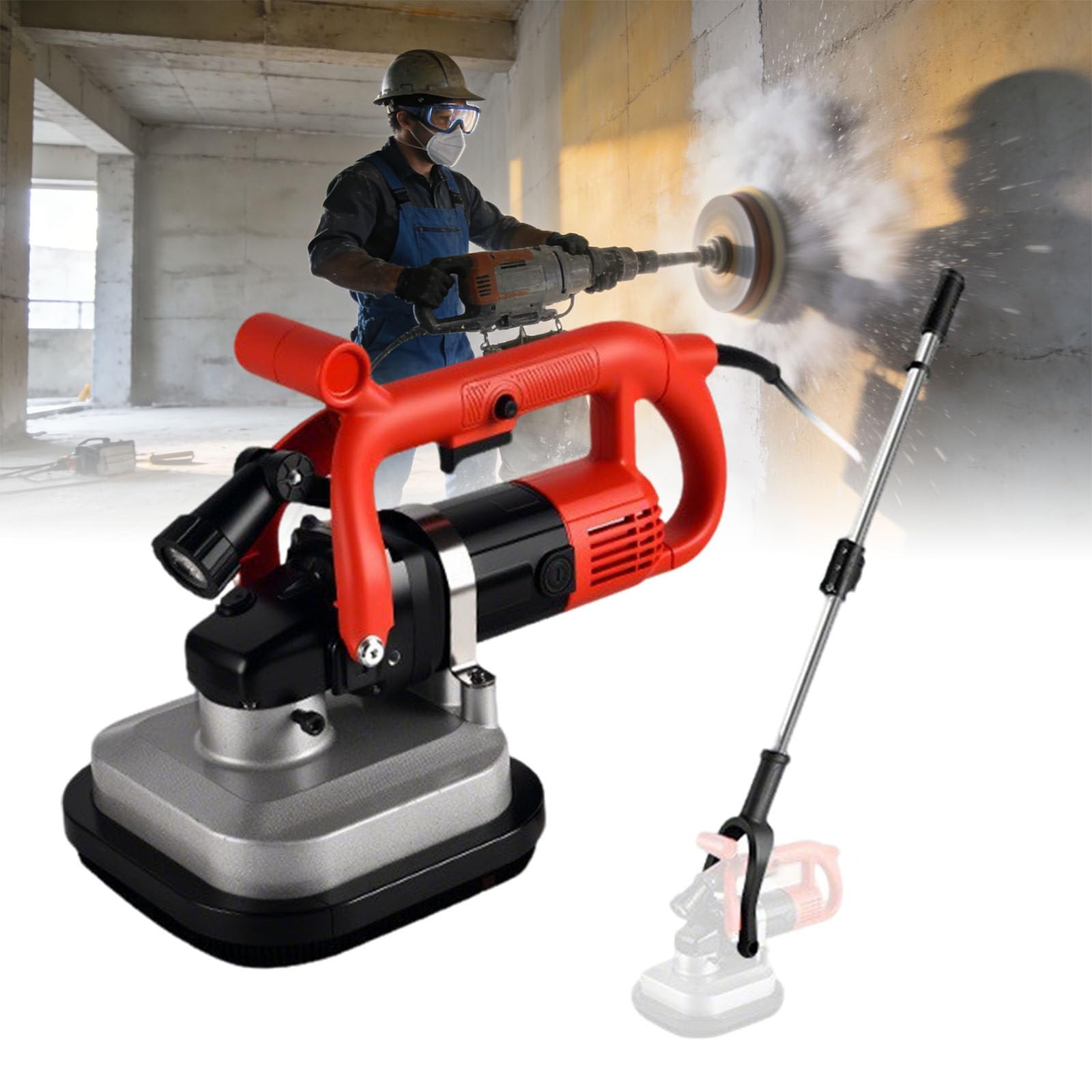 Set Levigatrice Cemento 4 Teste,con Luce LED,3600W Piallatrice Elettrica per Cemento,6 velocità Regolabili,per Marmo,Granito,Piastrelle WithExtensionrod
