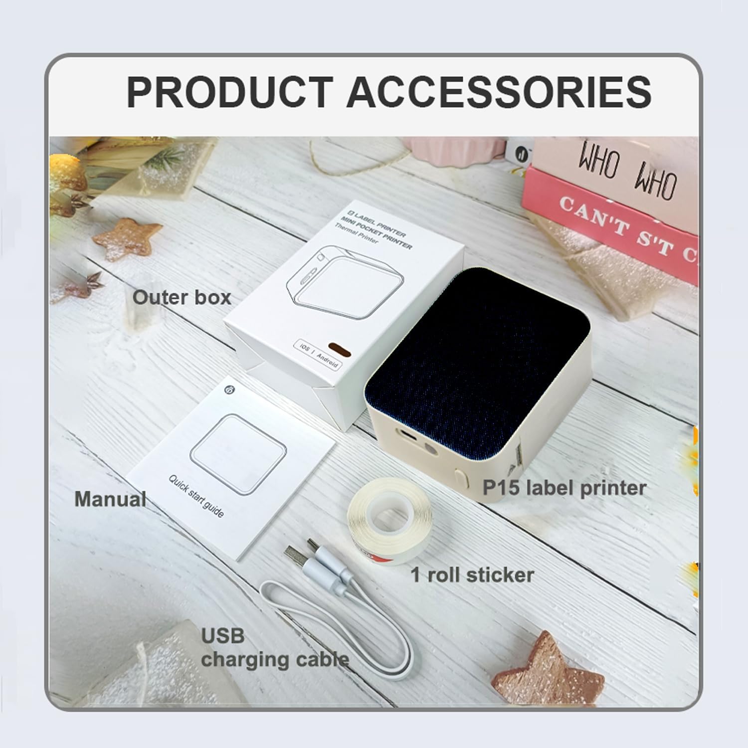 P15 Portable Bluetooth Label Maker Machine Versatile App with 1000+ Templates, Inkless Printer for Home, Kitchen, School, Office Organization, with 1 Waterproof Label, White