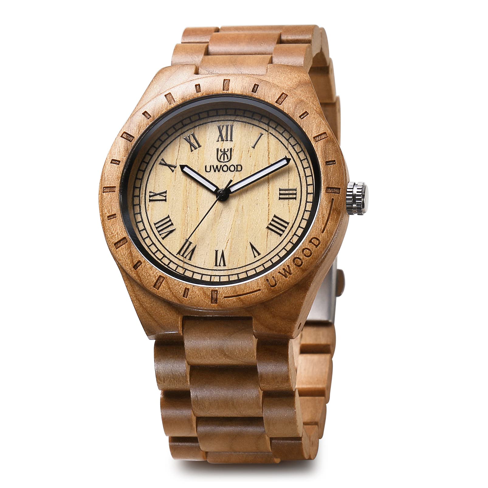 Reloj de Madera único de Peso Ligero para Hombre, Serie Uwood Hecho a Mano de sándalo analógico de Cuarzo Vintage número Romano Reloj de Pulsera de Madera Natural