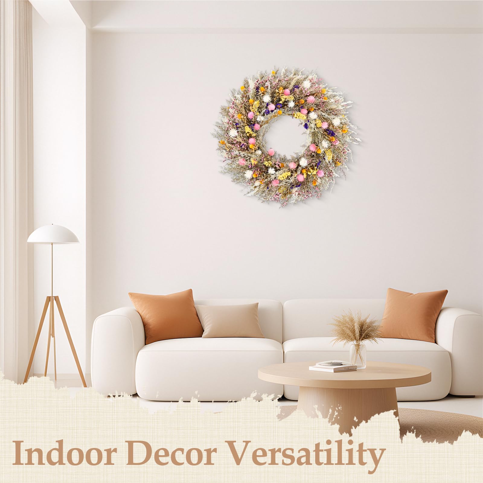 Ghirlanda di fiori conservata da 66 cm, realizzata a mano, con fiori rosa, bianchi, gialli e viola, decorazione rustica in stile bohémien, per porta d'ingresso, parete e matrimonio