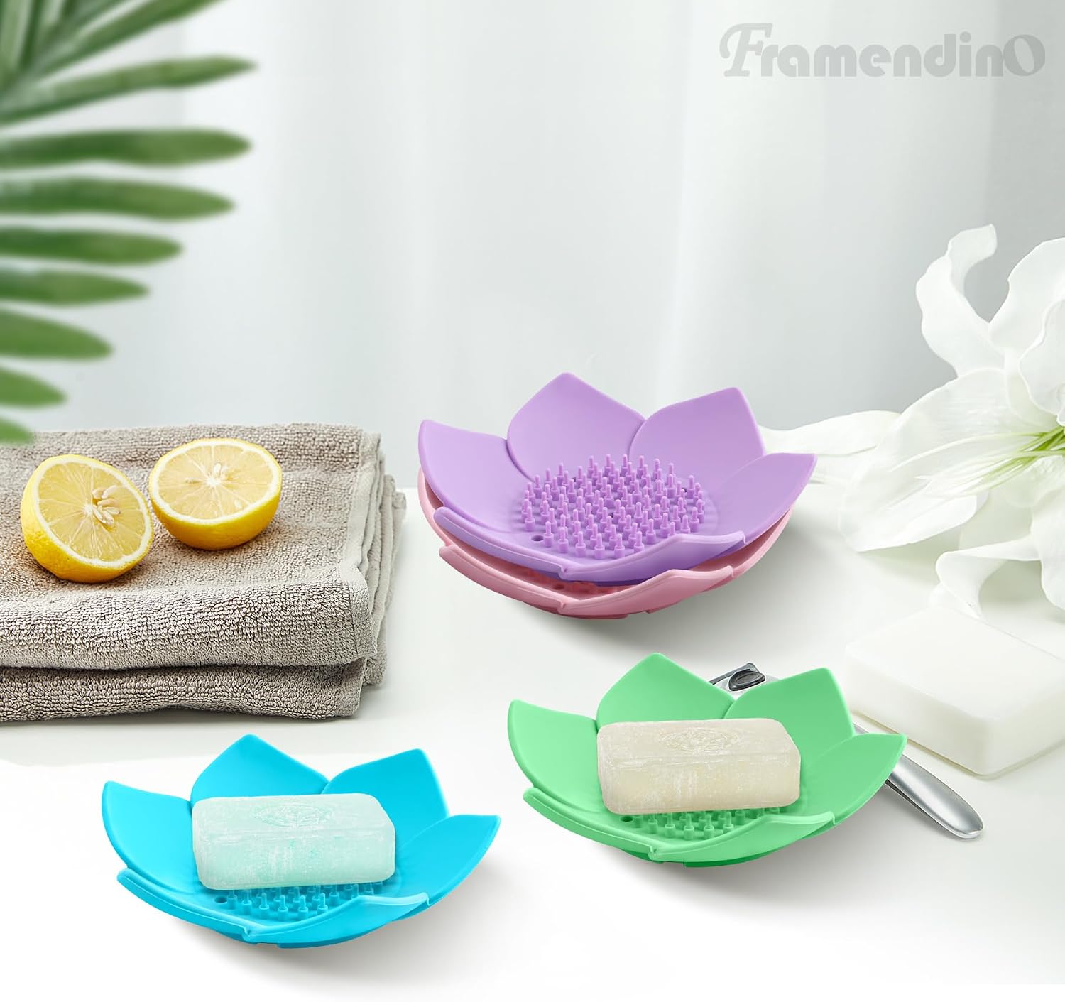 Framendino, 4 Pack Silicone Soap Dishes, Non-Slip Floral Shaped Design Self-draining Sponge Bar Holder Flower Shape Saver for Shower Bathroom Kitchen Sinks