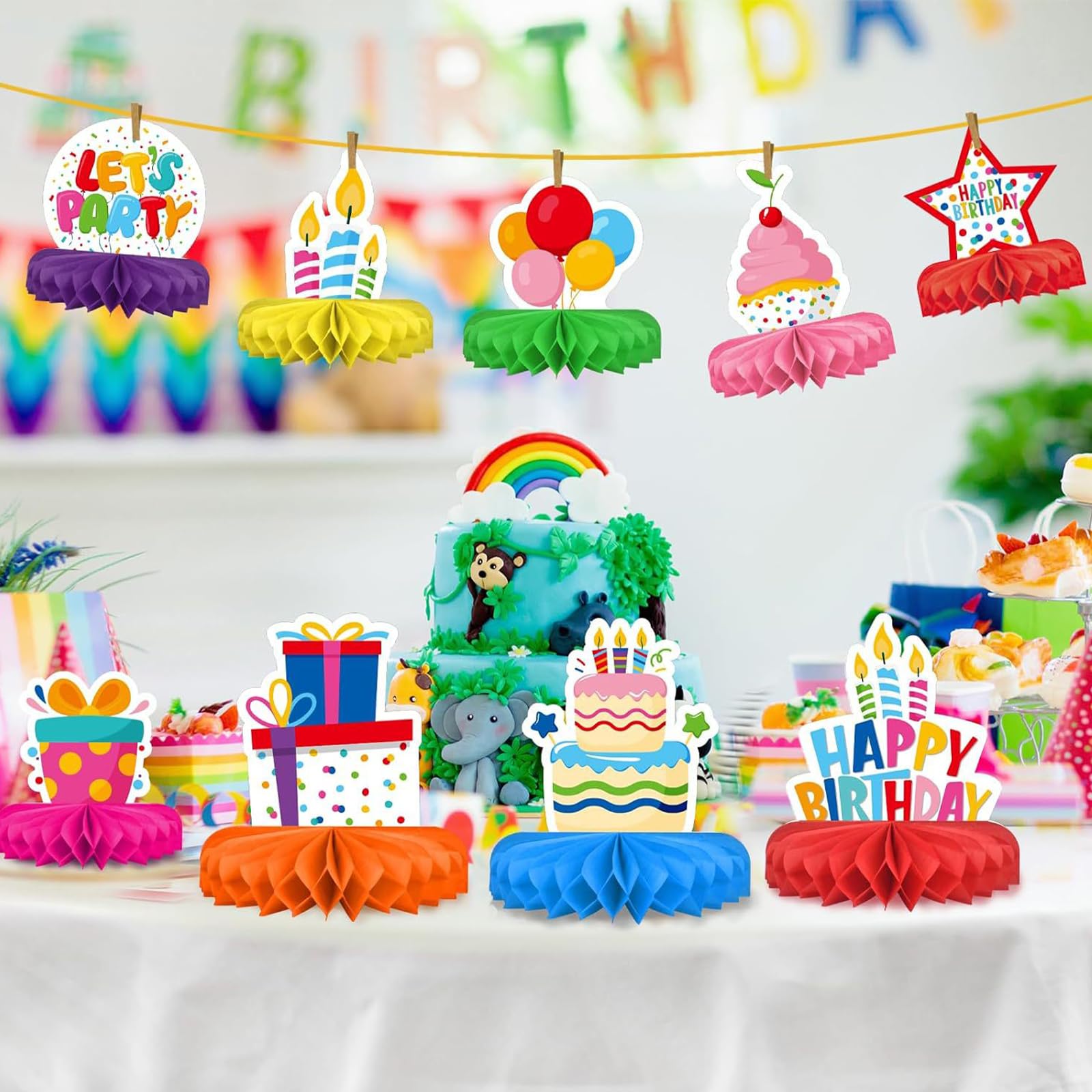 Decorazioni Compleanno A Nido D'Ape - Set 9 Pezzi Colorati Per Tavolo Con Scritte Happy Birthday - Foto 8