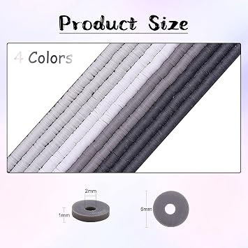 BEEFLYING 10 Strands 4 Color 6mm Flat Round Polymer Clay Bead Strand Colorful Disc Heishi Bead Cylinder Clay Bead for DIY Hawaiian Craft Necklace Bracelet Making (Black & Grey)