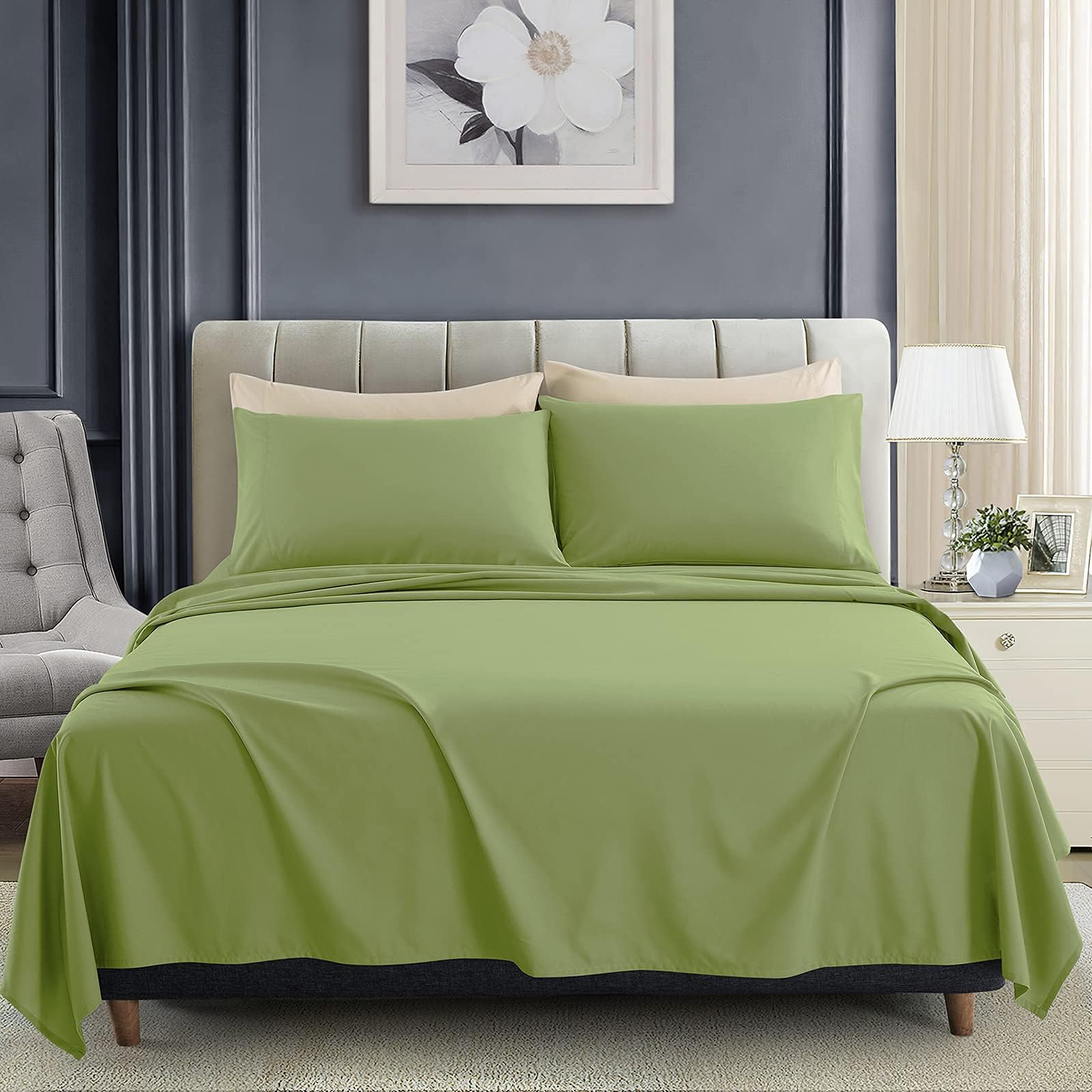 KKJIAF King Size Sheets Set 4 Piece, Soft & Breathable Microfiber 1800 Thread Count Bedding Sheet Sets with Deep Pocket Fitted Sheet, Flat Sheet, 2 Pillowcases (Olive Green)