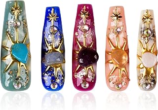 Tmani 10pc/set Long Handmade Press On Nail Hot Girl's Long Nails Ten Kinds of Natural Crystal Stone Decoration Fake Nails Suitable For Girls Festival Parties and Birthday Gift(260,S)