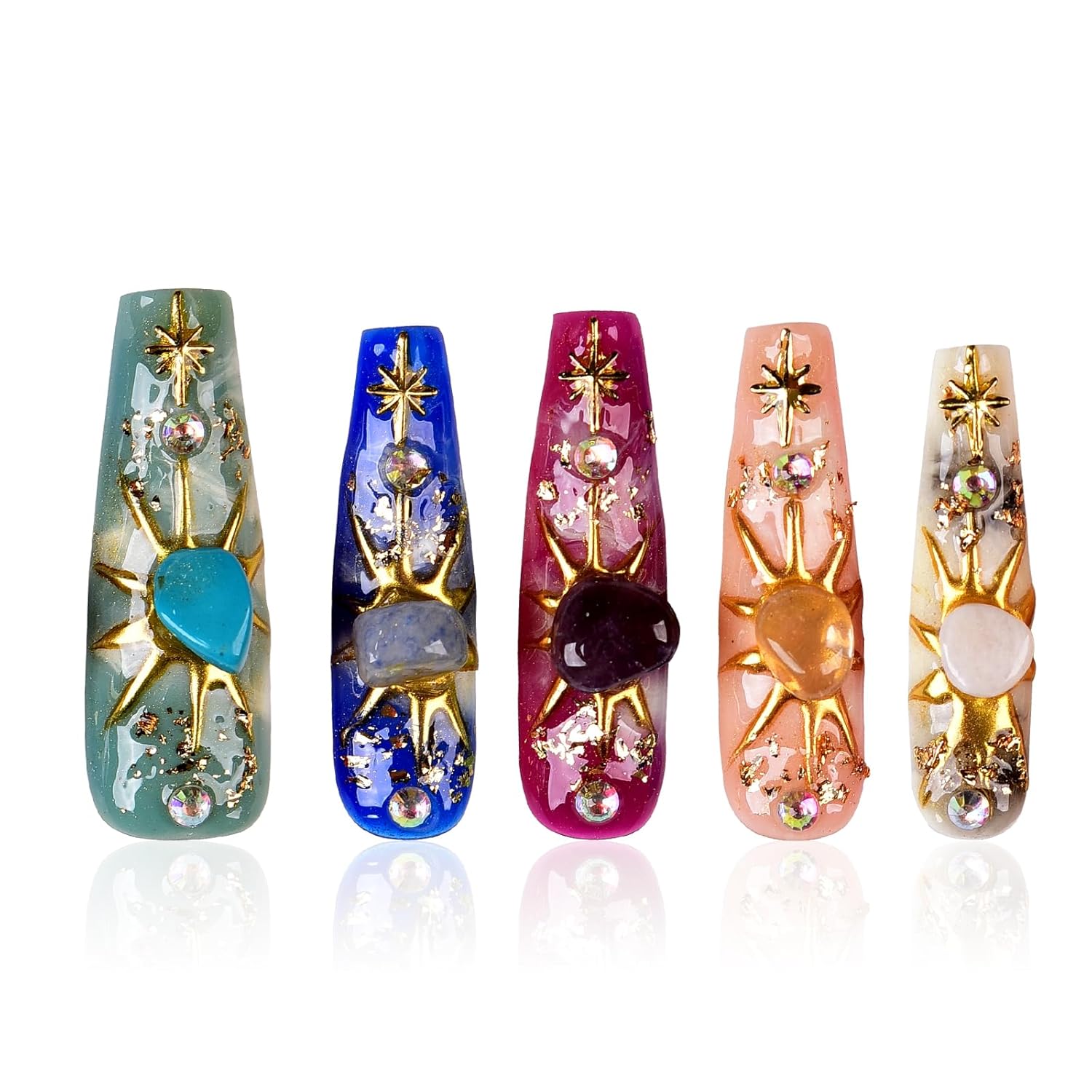 Tmani 10pc/set Long Handmade Press On Nail Hot Girl's Long Nails Ten Kinds of Natural Crystal Stone Decoration Fake Nails Suitable For Girls Festival Parties and Birthday Gift(260,L)