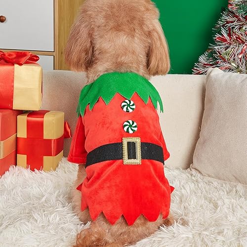 Miniatura 5 de Disfraz de elfo de Navidad para perro, 2 piezas divertido disfraz de Navidad para perro con cinturón, tema de vacaciones, camisa para cachorros,