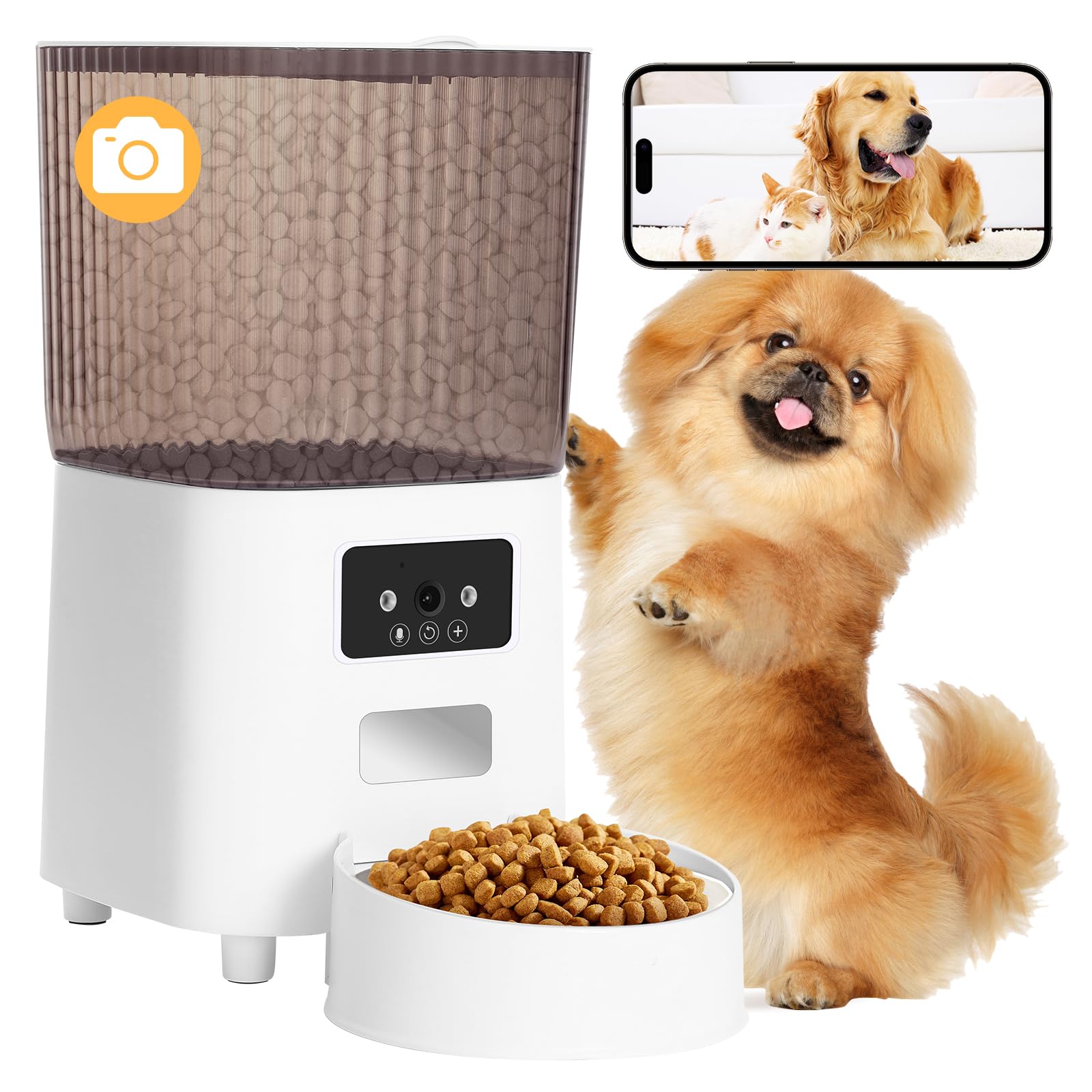 Comedero Gato Automatico con Cámara, 1080P HD Video 2.4G WiFi Alimentador de Mascotas, Control App, Voz en Tiempo Real, Alertas de Movimiento y Sonido a través de App Remota, 5L