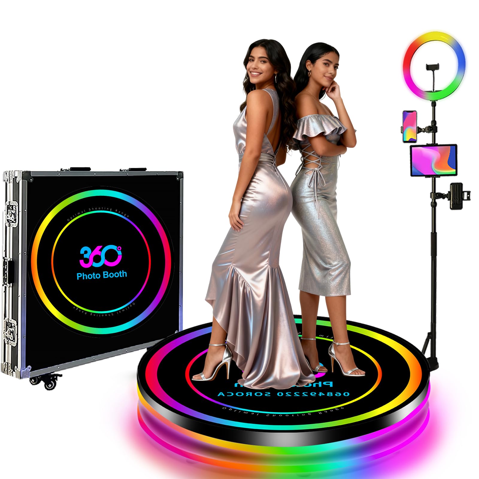 Máquina de cabina de fotos 360 con funda de vuelo y anillo de luz RGB, cabina de fotos portátil de rotación automática de 360 grados y logotipo personalizado para cumpleaños/alquiler (31.5 pulgadas)