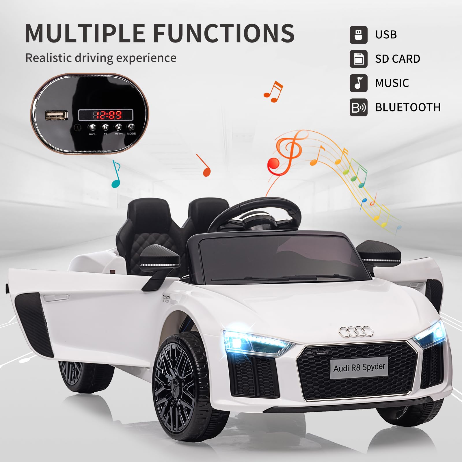 Audi Coche Eléctrico Infantil 12V con Control Remoto Suspensión Música LED Puertas Tijera Blanco