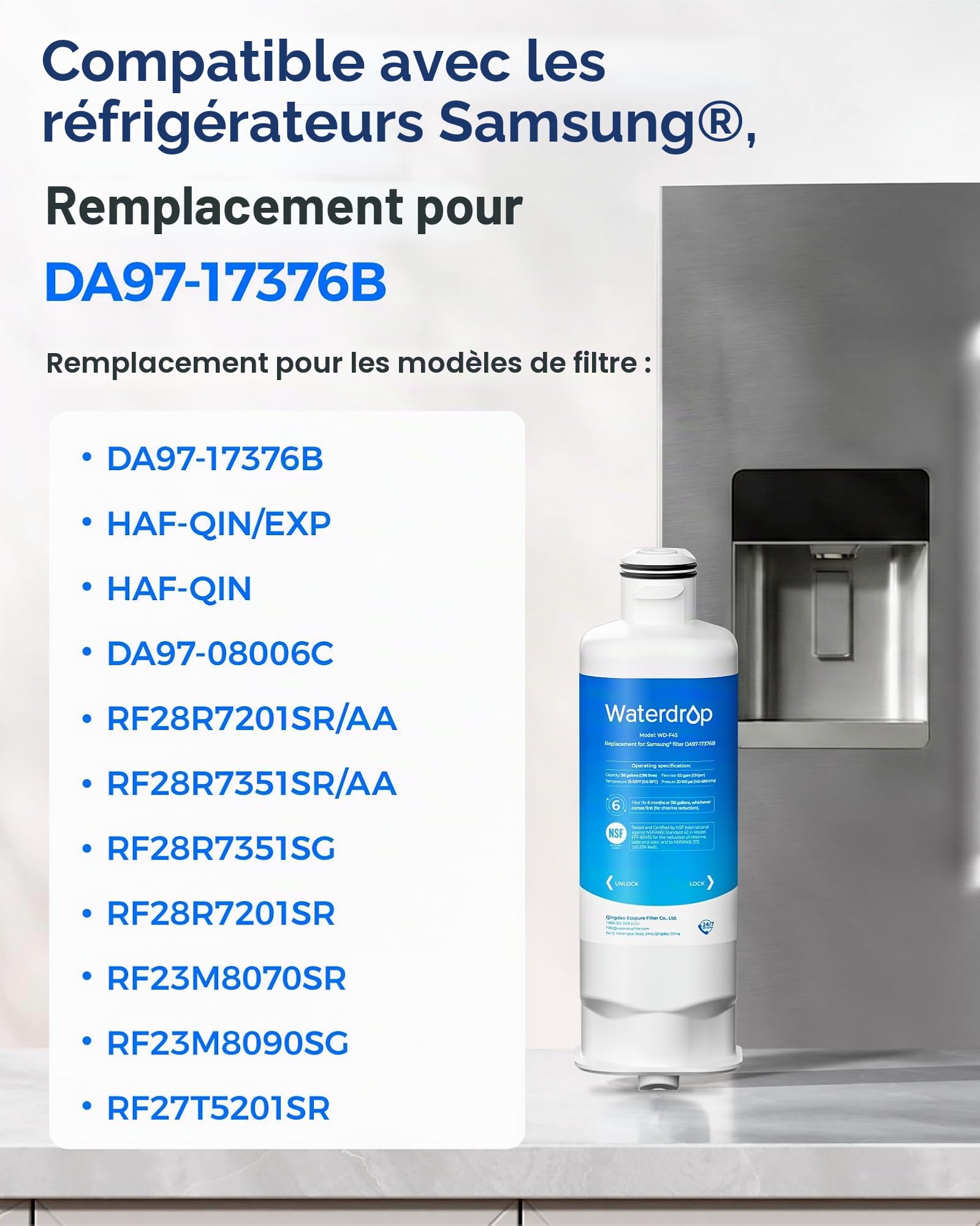 Waterdrop Filtre Frigo Compatible avec Samsung® DA97-17376B, 3 Pack | Compatible avec Samsung® HAF-Qin/EXP Réfrigérateur, DA97-17376B, HAF-Qin, DA97-08006C, Réduction des PFAS, PFOA/PFOS