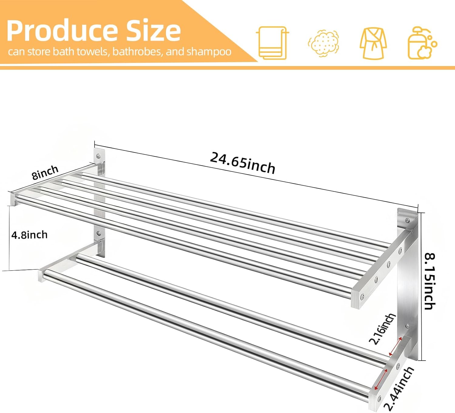 Towel Racks for Bathroom 24 inch, 2 Tier Bathroom Shelf with Double Towel Bar, Stainless Steel Wall Mounted Towel Rack with Shelf for Bathroom Towels Storage, Brushed Nickel