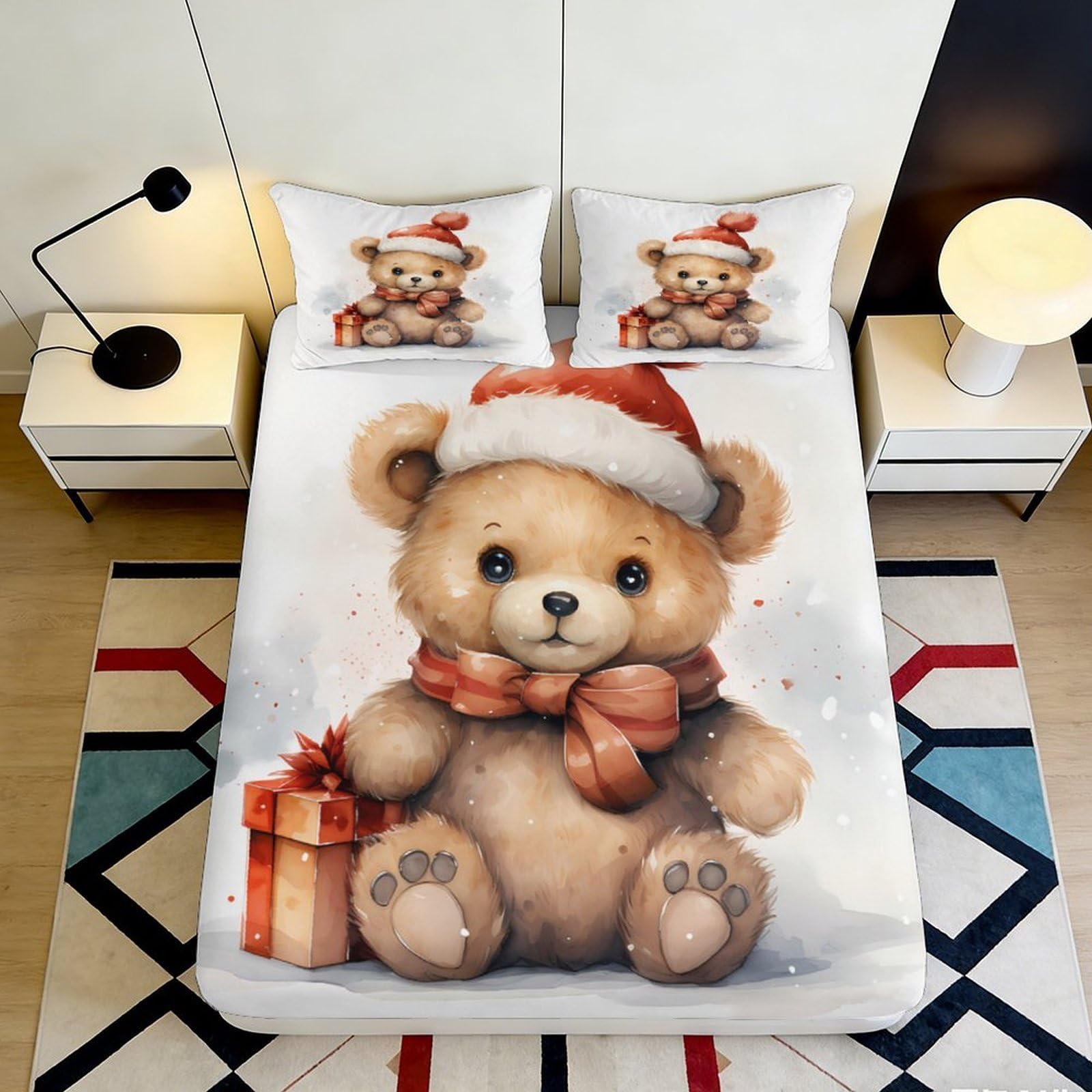 3D Printed Christmas Teddy Bear Fitted Sheet Microfiber Cozy Bedroom Decor Gift Bear Bed Sheet for Home Dorm 90x200x25cm