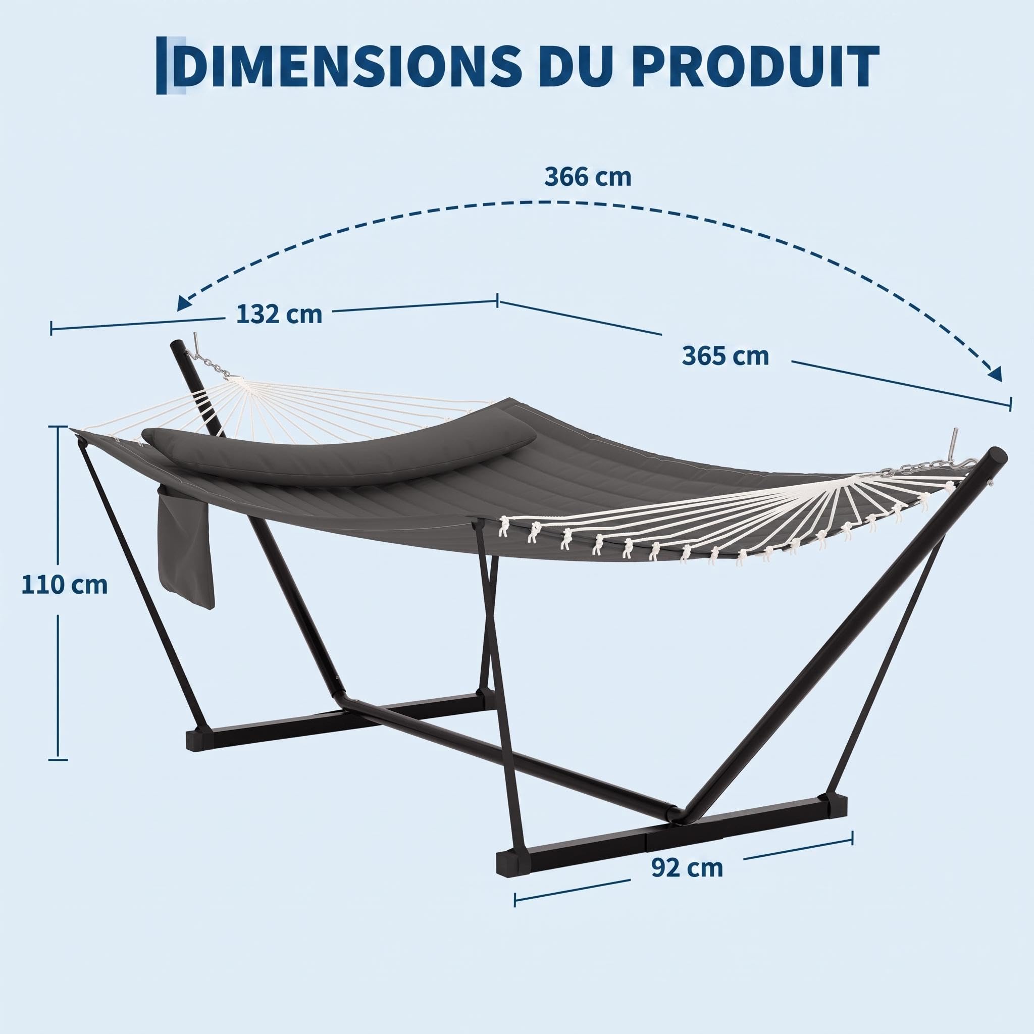 Hamac Double avec Support autoportant, 365x132x110cm