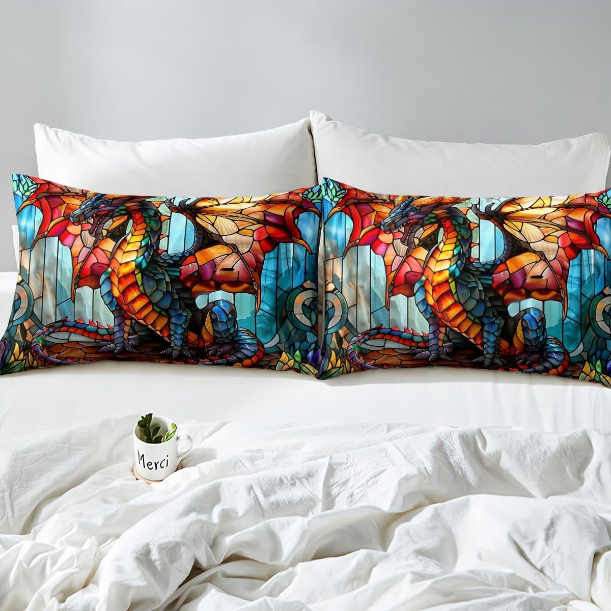 Stained Glass Dragon Duvet Cover Set Toddler,Western Magical Animal Bedding Set Kids Boys Girls Room Decor,Wildlife Vintage Colorful Pattern Comforter Cover 2Pcs,Dragon Bedspreads Cover,1 Pillowcase