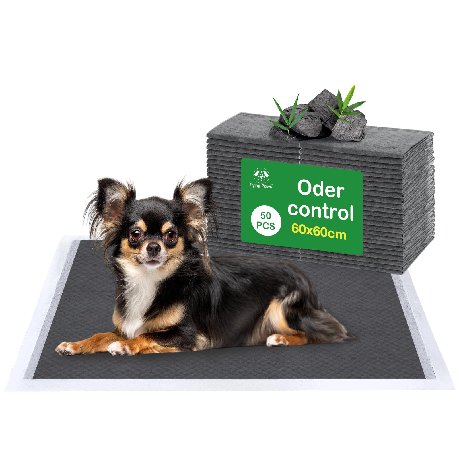 Flying Paws Puppy Pads 50 Pack, 60x60 cm Super Absorbent Pet Dog Training Pads, Leakproof Pee Pad with Charcoal Odour Control, Ideal for Larger Pets Floor Protection Toilet Pee Mat L-50