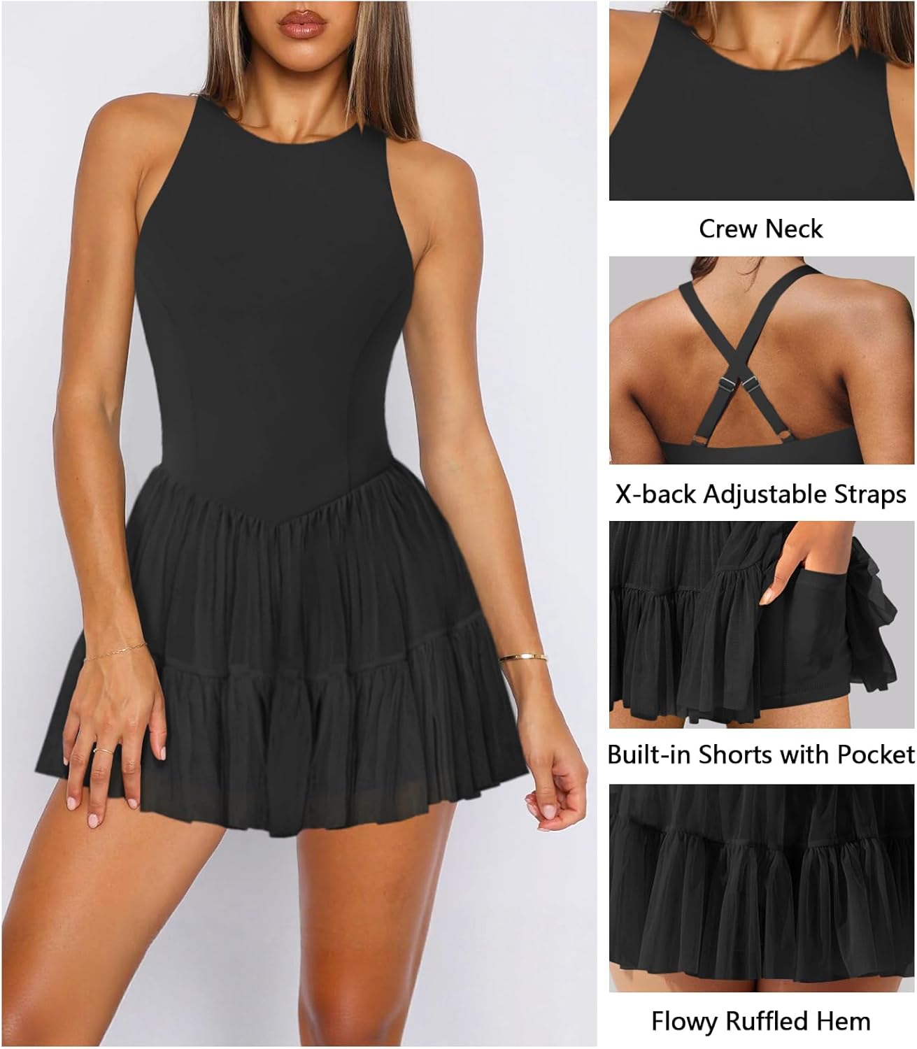 Women's Flowy Pleated Ruffle Tennis Athletic Dress for Women Summer Boat Neck Sleeveless Mini Golf Dress Shorts Pockets - Image 4