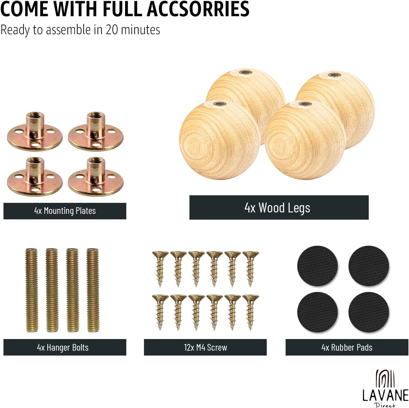 La Vane 4 inch Solid Wood Round Ball Furniture Bed Legs, Set of 4 Minimalist Modern Wooden Replacement Bun Feet Varnish with M8 Bolt & Mounting Plate for Sofa Dresser Coffee Table Cabinet Cupboard