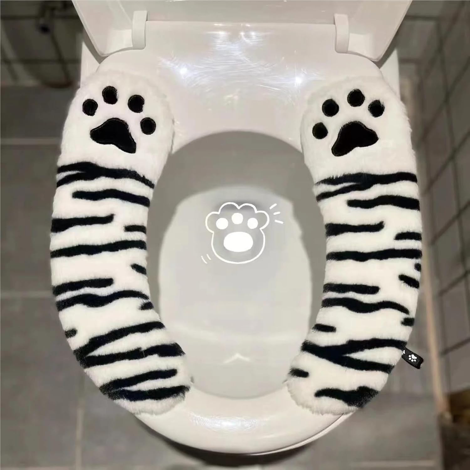 Toilet Seat Cover with Lifter Bear Paw Fuzzy Thicker Warmer Fleece Pad Washable Cushion Bathroom Accessories(Red-1)