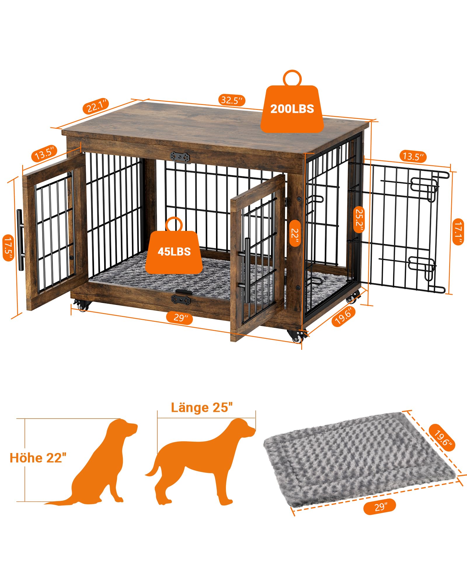 GIKPAL Hundebox für Zuhause mit Kissen, 83cm Hundekäfig Möbel für Drinnen mit Doppeltüren und Rädern, Moderne-Hundebox Holz für Klein, Mittlere Hunde bis zu 45 lb, 83x56x64cm, Rustikales Braun