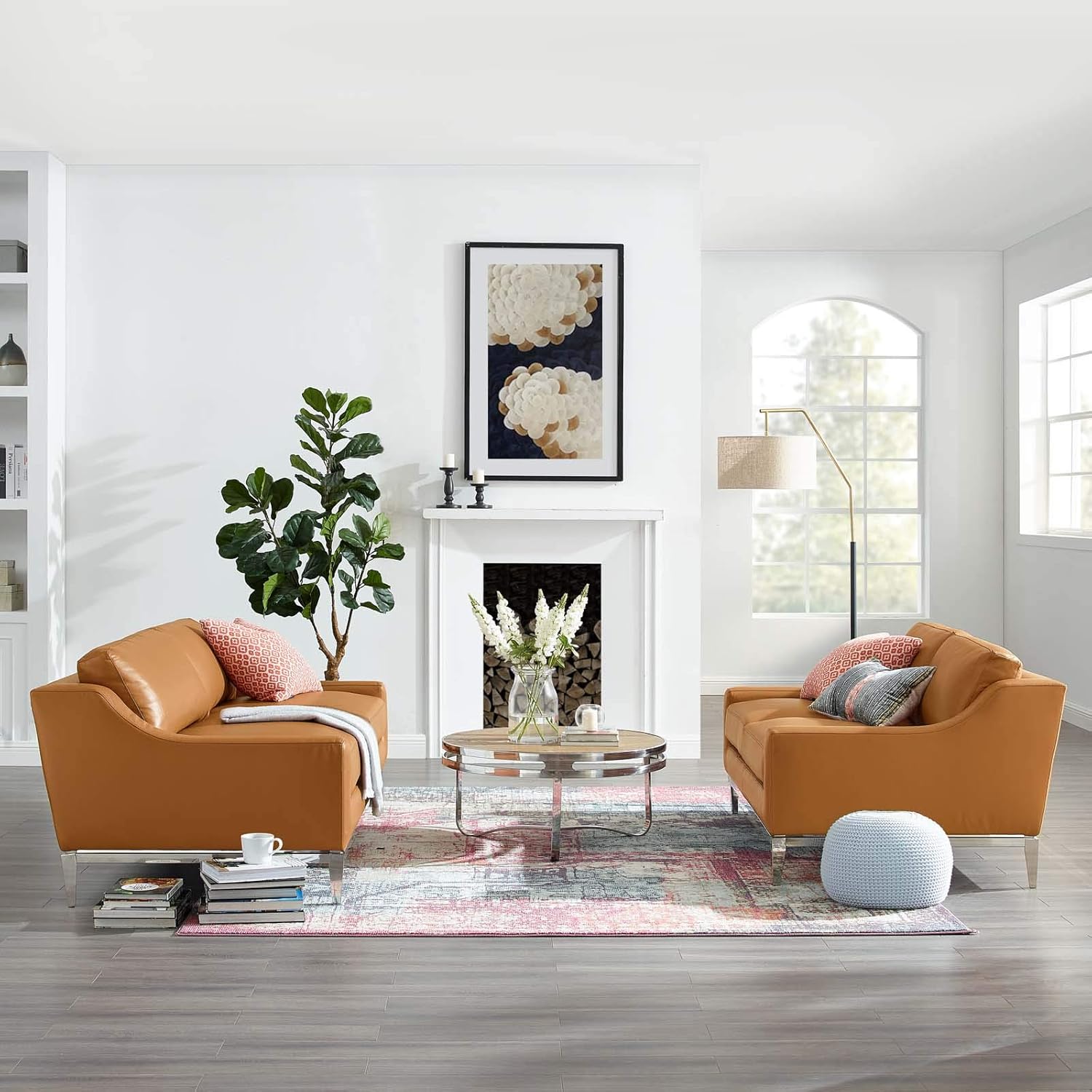 Modway Harness Stainless Steel Base Leather Sofa & Loveseat Set in Tan