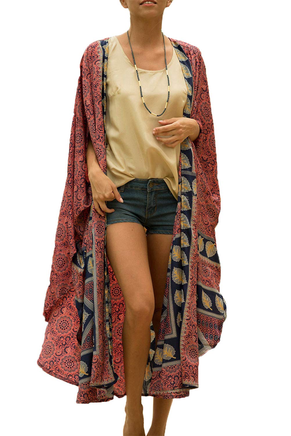 LikeJumpWomen's Bohemian V Neck Kimono Maxi Swimsuits Kaftan Bikini Cover Ups Summer Beach Dress Tops