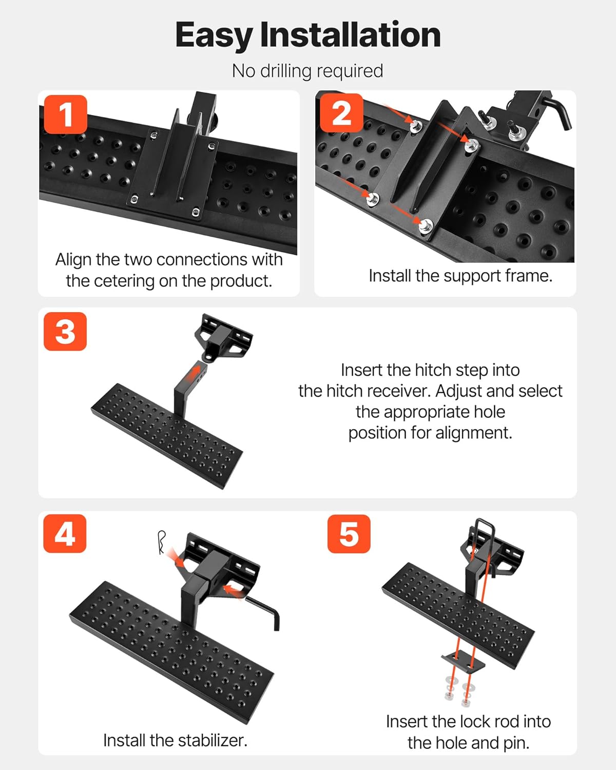 VEVOR Hitch Step for 2 Inch Receiver, Universal Rear Bumper Guard Protector with 350 LBS Load Capacity, Wide & Non-Slip Tow Hitch Step with Pin Kit and Stabilizer, Fit for Pickup, Trailer, Truck, SUV