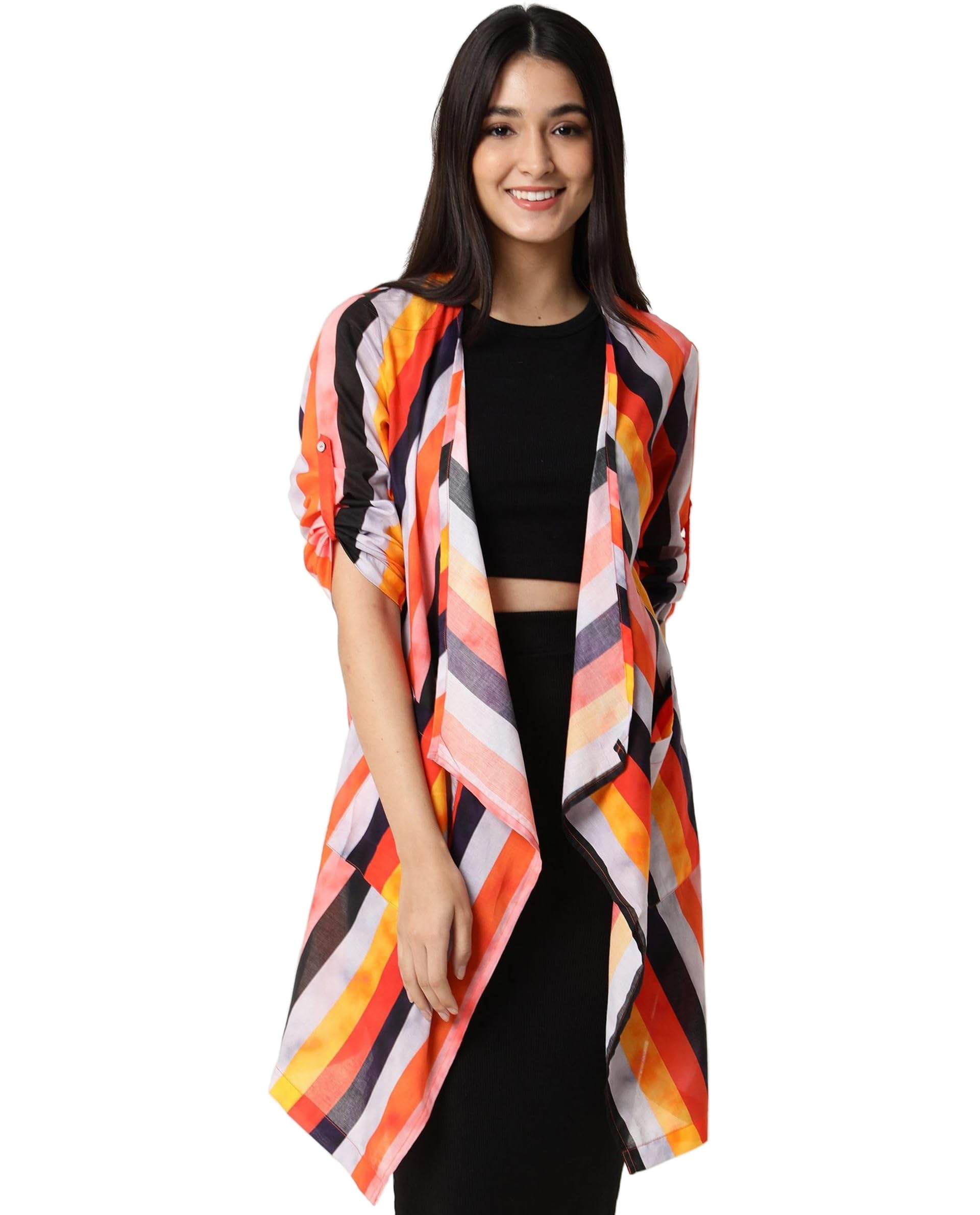 Relaxed Longline Multicolor Striped Cotton Collarless Shrug-image-13