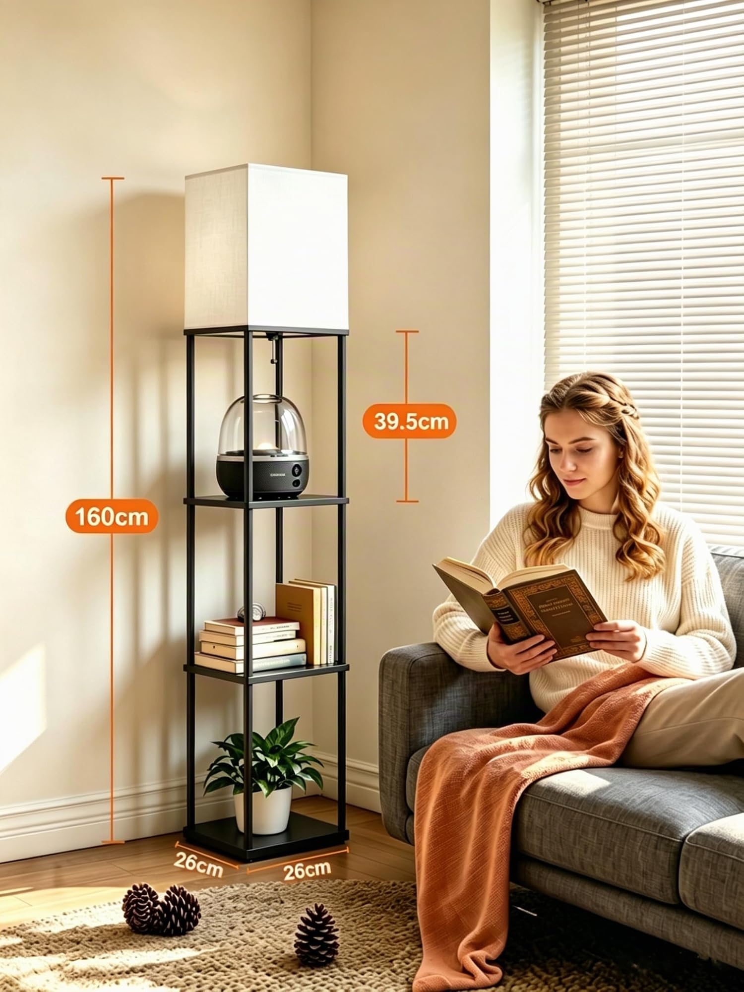 Aimosen Lámpara de Pie Madera, Lámpara de Piso 3000K-5000K con Estante, Lámpara de Lectura con Portalámparas E27, con 3 Niveles, Decoraciones Interiores Adecuado Para el Salón y el Dormitorio